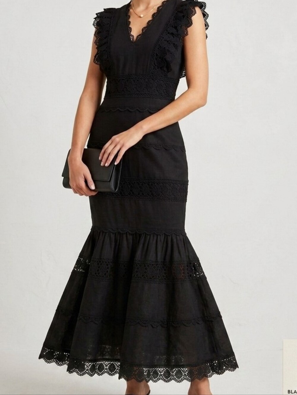 Endless Rose Linen Blend Lace Detail Trumpet Mermaid Flare Bottom Resort Dress